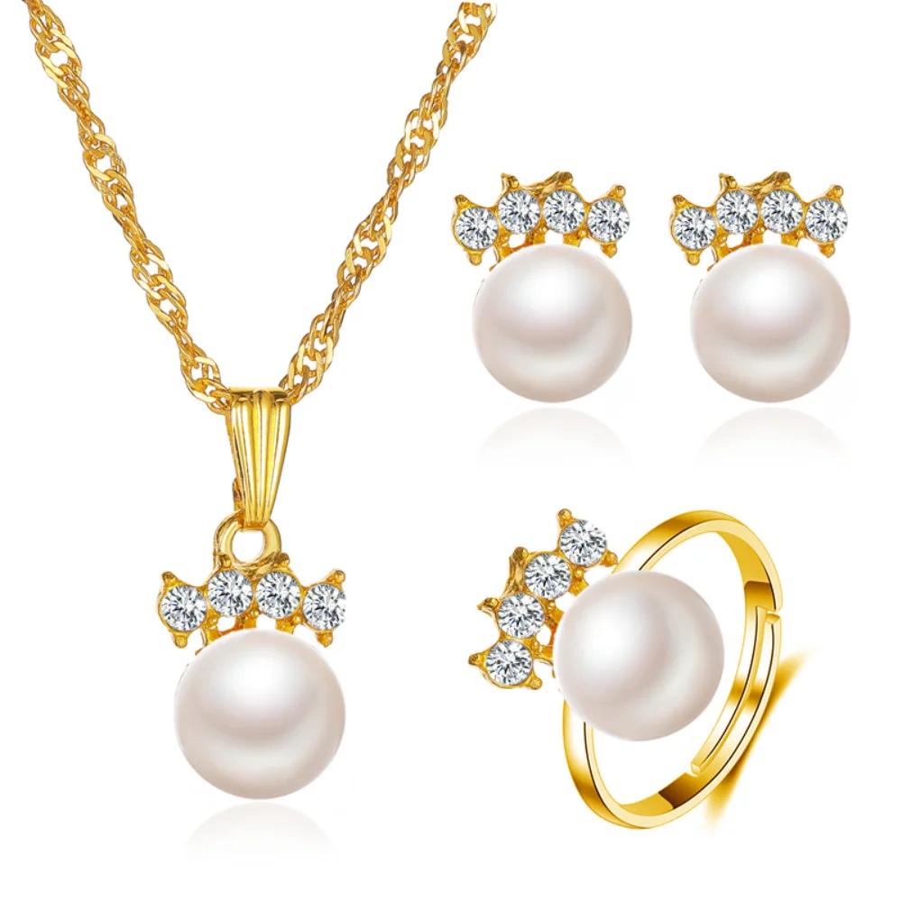 ExquisiteRoundPearlNecklaceRingEarringsSetforWomenShiny