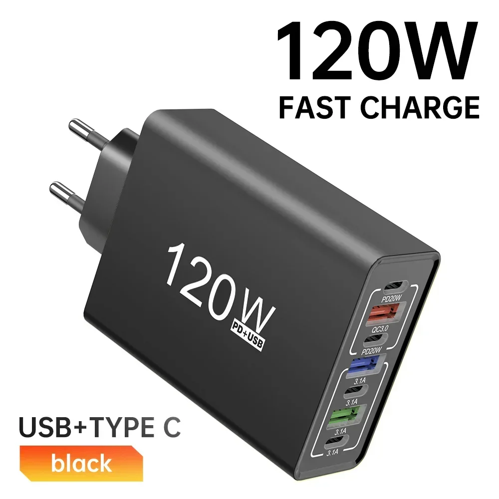 USB C Phone Charger 120W Multi Ports Fast Charging Type C Wall Charger Adapter For iPhone 15 16 Samsung Xiaomi Huawei EU/US Plug