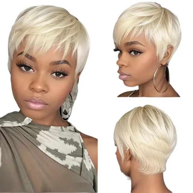 613 Blonde Human Hair Wigs with Bangs Short Pixie Cut Wig Human Hair Boy Cut Machine Made Duby Wig Cheap Colored Layered cut Wig - Image 4