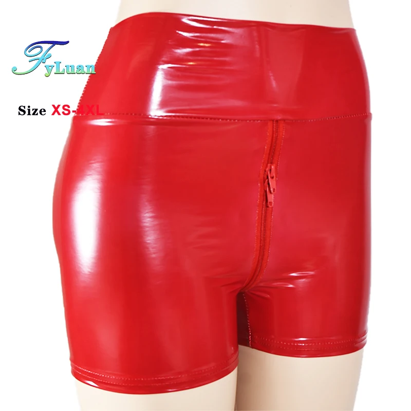 Red Shine PU Double Zipper Women Shorts Butt Lift Slim Shorts Vintage High Waist Elastic Tights Pants Pole Dance Clubwear