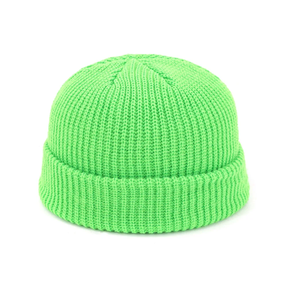 Unisex Retro Navy Solid Color Warm Knit Beanie with Roll-Up Edge