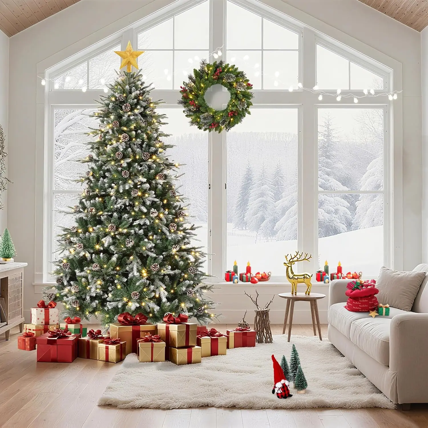 6/7.5/9FT Pre-Lit Snow Flocked Artificial Christmas Tree with 8 LED Modes & Pine Cones – Slim Design for Home Decor