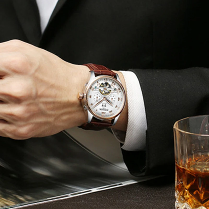 Mechanical Watch KINYUED Men watch Skeleton Mechanical Leather Strap mechanical watch business watch link