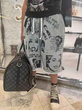 Vintage Y2K Gray Printed Wide Leg Pocket Women Sweatpants Hip Hop Harajuku Streetwear Unisex Casual Shorts