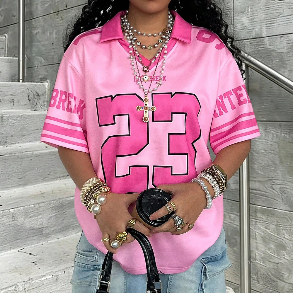 Nouveau T-shirt Oversize à Manches Courtes pour Femme, Style Y2K Urbain, Maillot de Sport Décontracté, Polo Imprimé Lettres pour Homme 1
