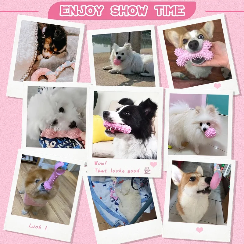 Soft Dog Chew Toys Pink Rubber Bone Toy Durable Molars Training Ball Toy Chihuahua Yorkie Interactive Treat Toys Pet Supplies 3
