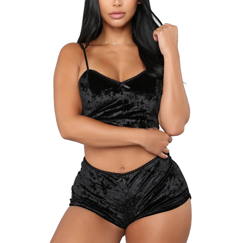 Two Piece Women's Sexy Black Velvet Pajama Set Women's Sleeveless Backless Suspender Top and Shorts Home Pajama Set