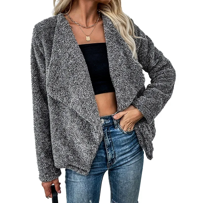 European and American New Fashion 2023 Autumn Lapel Dark Gray Double-faced Fleece Long-sleeved Cardigan Women's Fur Short Coat