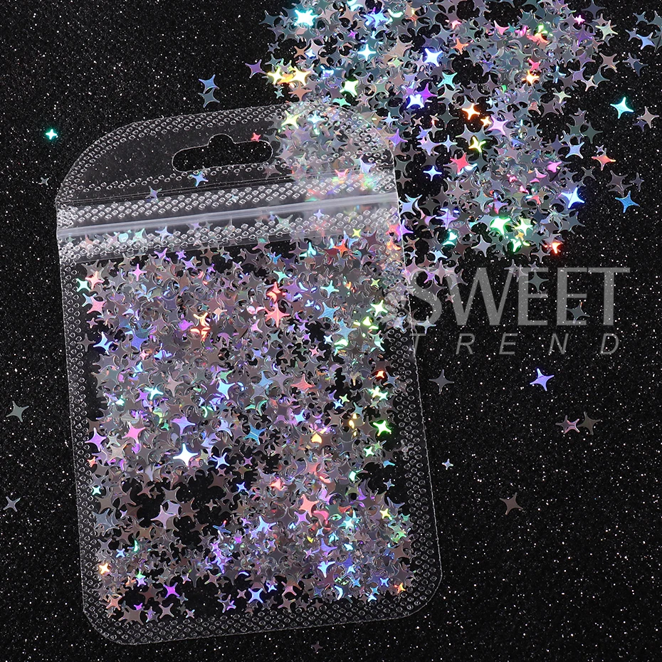 3 Bags Holographic Silver Glitter Nail Art Sequins Sparkly Four-pointed Star Shape Flakes Bright Paillette Manicure Decor Slices