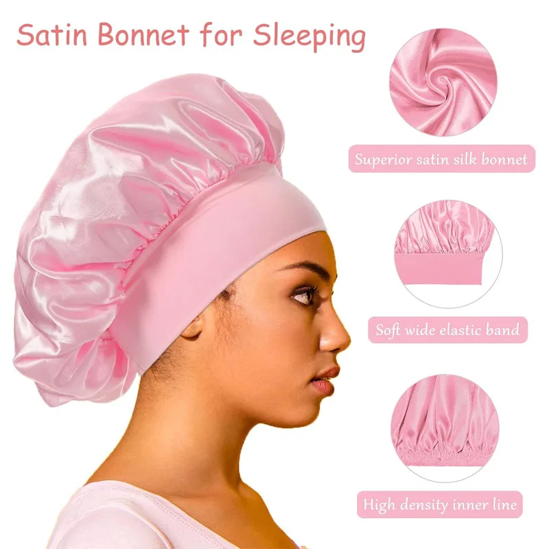 Satin Bonnet Night Sleeping Cap Large Elastic Wide Soft Band Hat for Curly Hair Care Beauty Makeup for Women