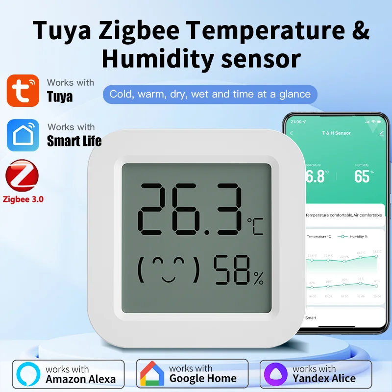 Toya Zegbi temperature and humidity sensor small LCD screen smart home automation works with Google Home Alexa