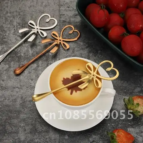 

3D Mini Coffee Spoon Tea Dessert Spoon Hanging Spoon Gold Silver Stainless Steel Flatware New Bow Knot Heart Shaped Spoon