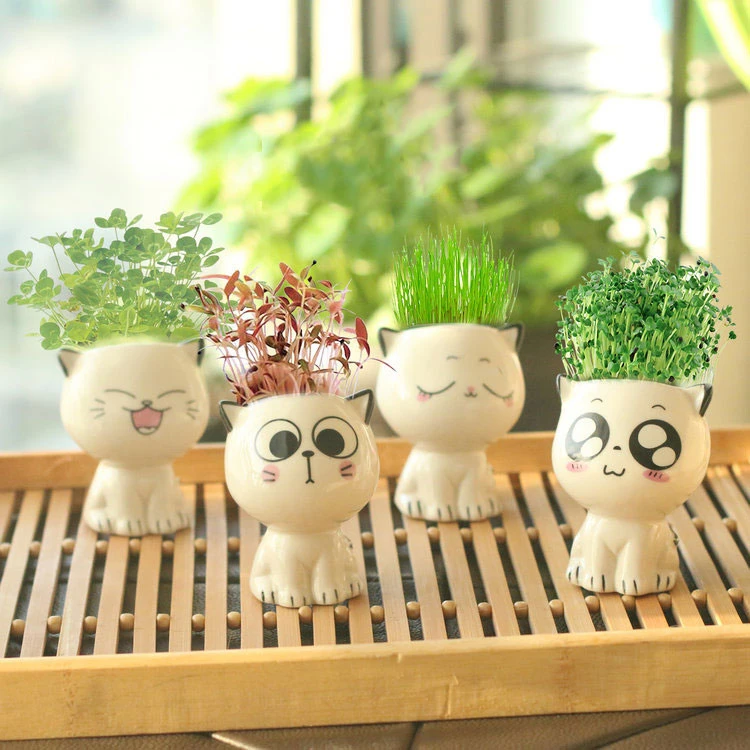 Mini Cat Shaped Ceramic Flowerpot Cartoon Cute Hand Desktop Potted Desk Decorate Small Ornaments Plants Flower Pot Home Decor