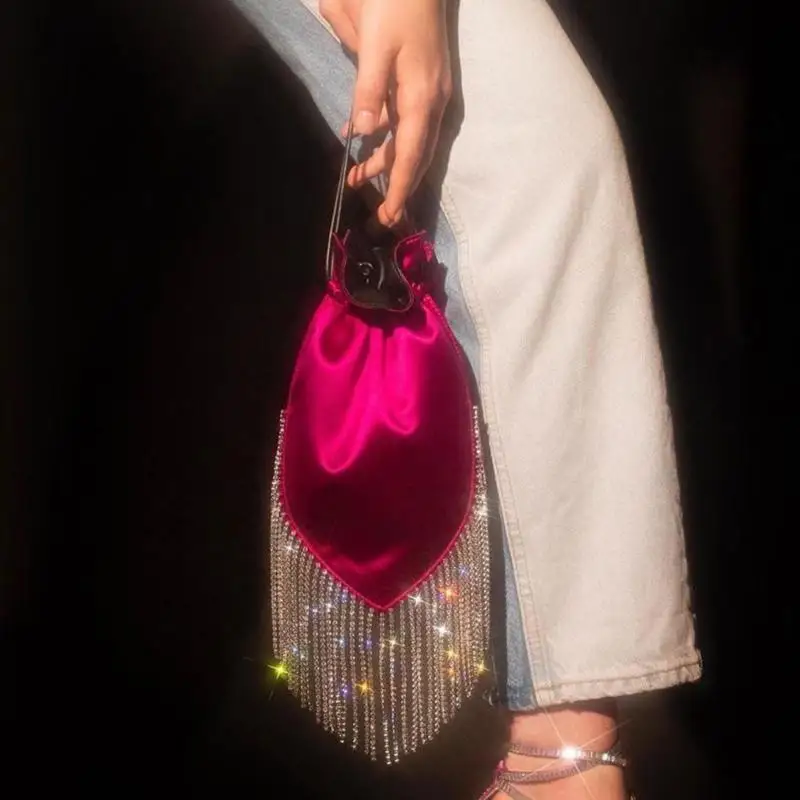 

French Silk Satin Rhinestone Tassel Shoulder Crossbody Bag Drawstring Bucket Style Evening Wear Banquet Style Handbag For Women