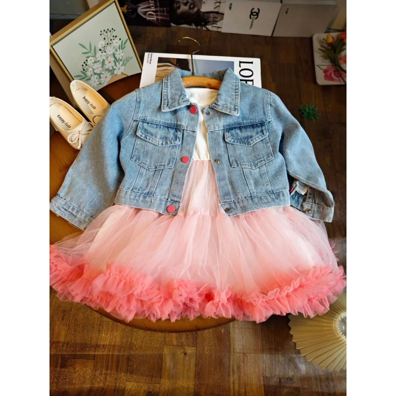 

Spring and Autumn New Girls' Cute Princess Suit Mesh Princess Dress plus Denim JacketWS