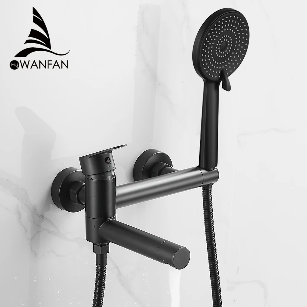 ก๊อกน้ำฝักบัวติดผนังสีดำทองเหลือง ก๊อกน้ำอ่างอาบน้ำแบบฝักบัวทรงสี่เหลี่ยม แบบมือถือ ปุ่มเดียว ก๊อกผสมน้ำในห้องน้ำสุดหรู 877910 1