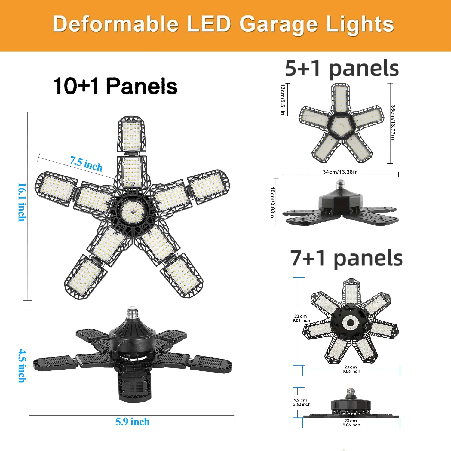 Foldable LED Garage Light 5/7/10 Adjustable Panels E26/E27 Ceiling Lamp Super Bright Work Shop Lamp for Gym Warehouse Industrial