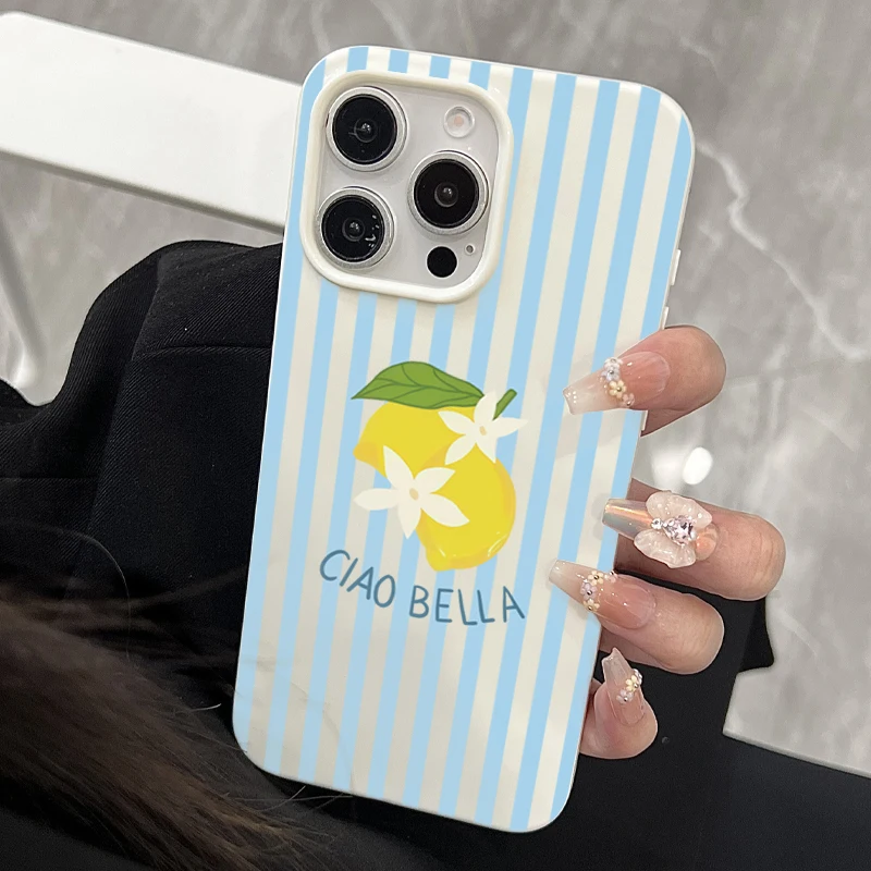 Lemon Blue Striped Pattern Soft Phone Case - Cute Fruit Design Cover