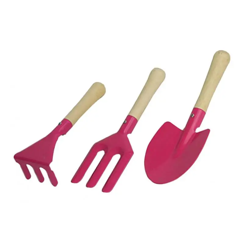 3pcs Wooden Handle Mini Metal Rake Shovel Fork Set Beach Toys Set