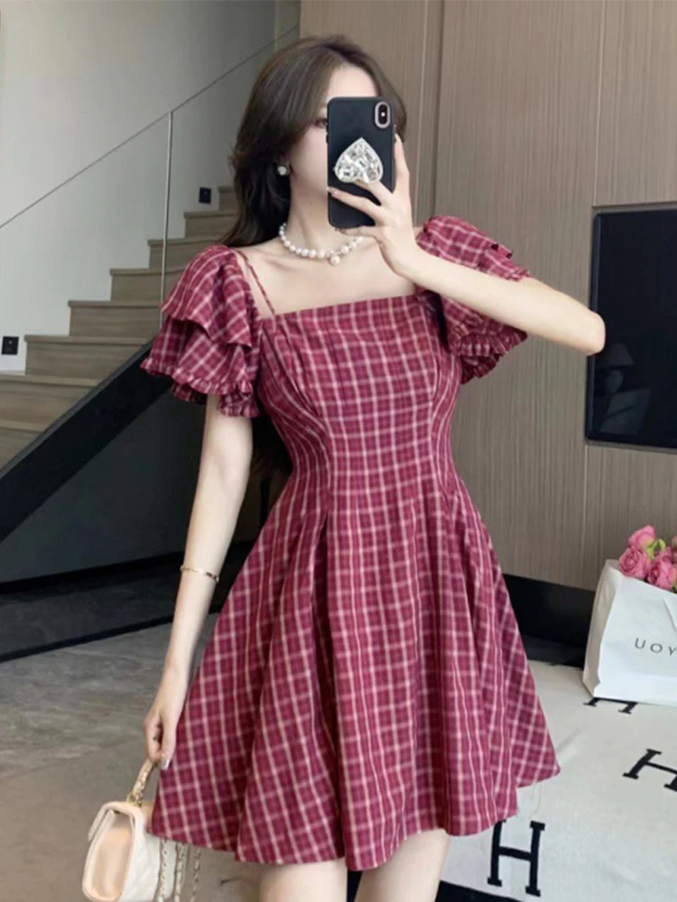 

Fashion Summer Y2K Vintage Plaid Short A-Line Dress Women Clothing Preppy Sexy Strap Off-Shoulder Slim Mini Party Mujer Vestidos