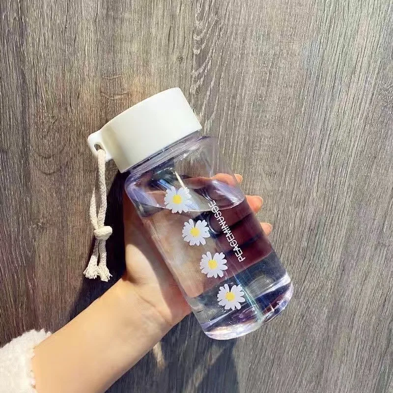 500ml Small Daisy Transparent Water Bottles BPA Creative Frosted Water Bottle With Portable Rope Travel Tea Cup Student Mug outdoor drinkware