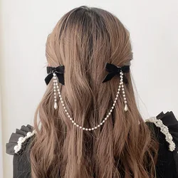 Super Fairy Black Velvet Bowknot Hairpins Tassel Pearls Side Clips For Women New Korean Chic Hair Clips Barrettes Hairgrips