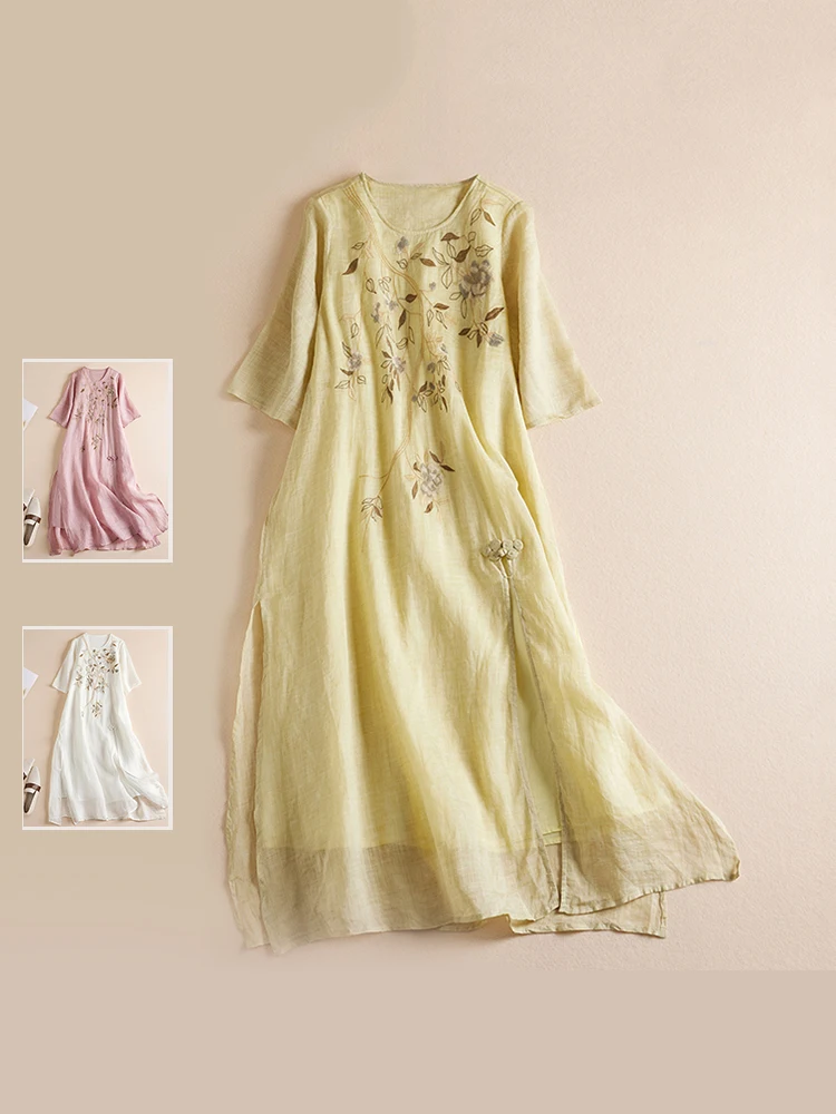 

Женское летнее платье с цветочной вышивкой, легкое дышащее Двухслойное элегантное платье в традиционном китайском стиле