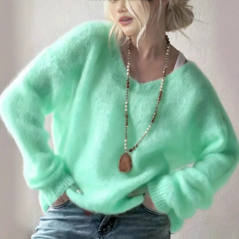 New Elegant and Fashionable 2025 Autumn and Winter Women's Long-sleeved V-neck Sweater Loose Casual Solid Color Knitted Top