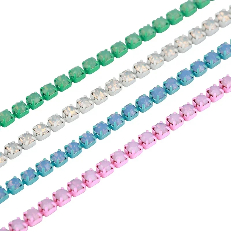 Opal Glass Rhinestone Trim in Pink, Green, and Blue – 1 Yard for DIY Wedding Dress Decoration