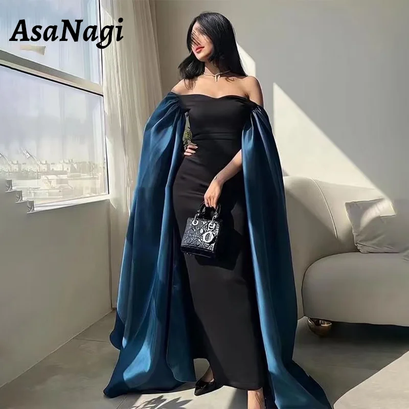 

AsaNagi Saudi Arabian Prom Gown Women's Black Off Shoulder Satin Party Evening Gowns Sweetheart Mermaid Special Occasion Dress