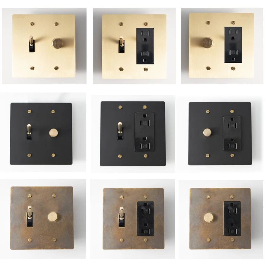2Gang Maßgeschneiderte goldene schwarze Retro-Bronze-SS-Platte 30 Tage Messing geknoteter Kippschalter 110 V amerikanischer Standard-Wandschalter-Steckdosendimmer