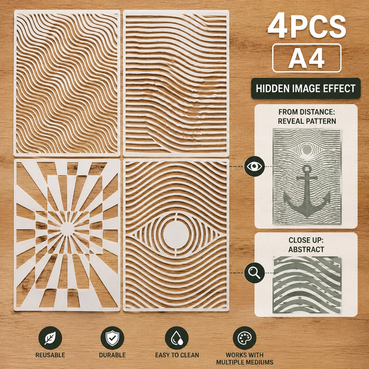 4PCS A4 8.3 x 11.7인치 착시 효과 스텐실 DIY 나무 벽 캔버스 공예용 추상 라인 페인팅 템플릿