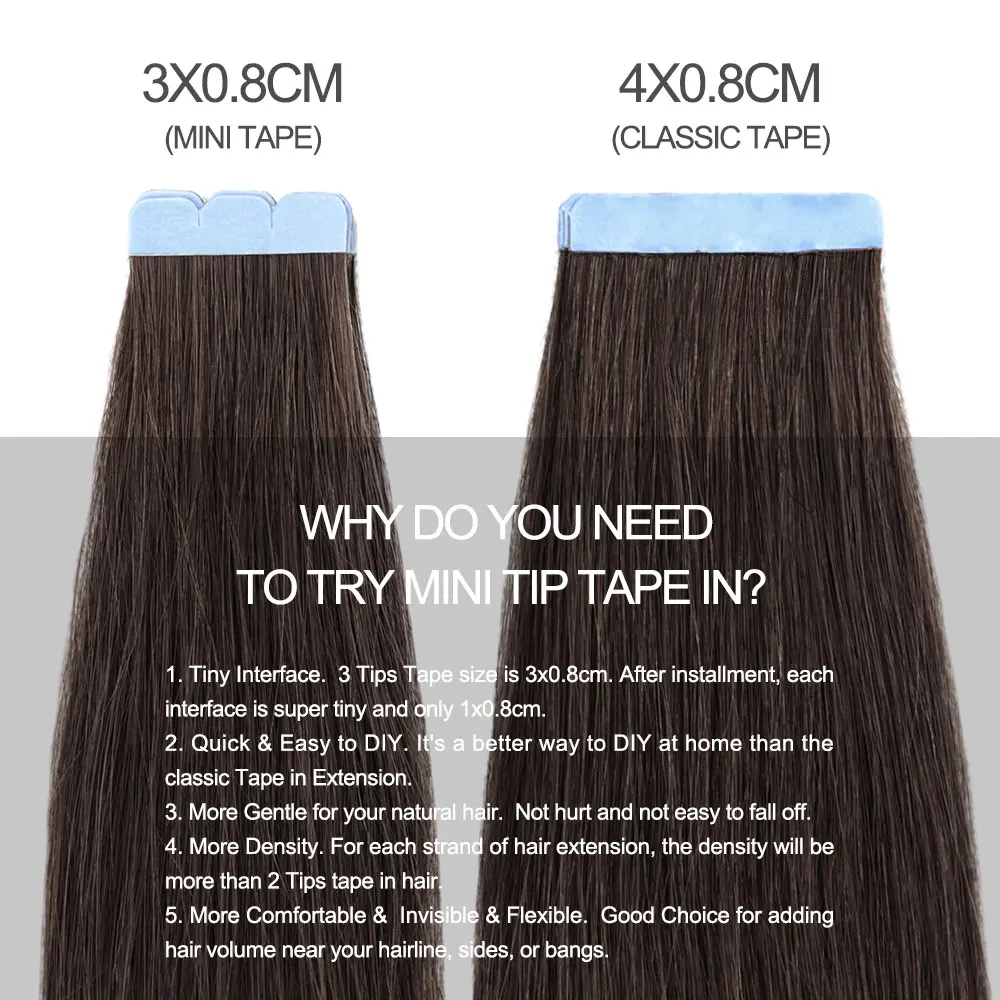 Mini Tape in Human Hair Extensions Double Side Invisible Seamless Tape in Hair 10pcs/set Natural Straight Black Brown Blonde