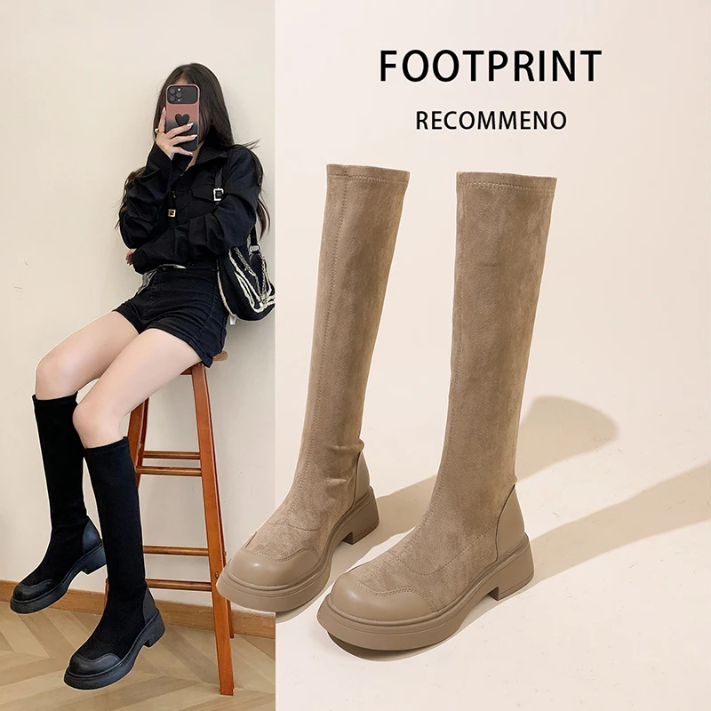 

Сапоги женские на высоком каблуке, выше колена, с круглым носком