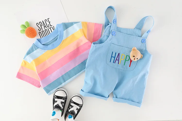 vintage Baby Clothing Set Summer children's suit new cartoon rainbow short sleeved top strap shorts suit Baby Girls and Boys bear letter printing suit baby's complete set of clothing