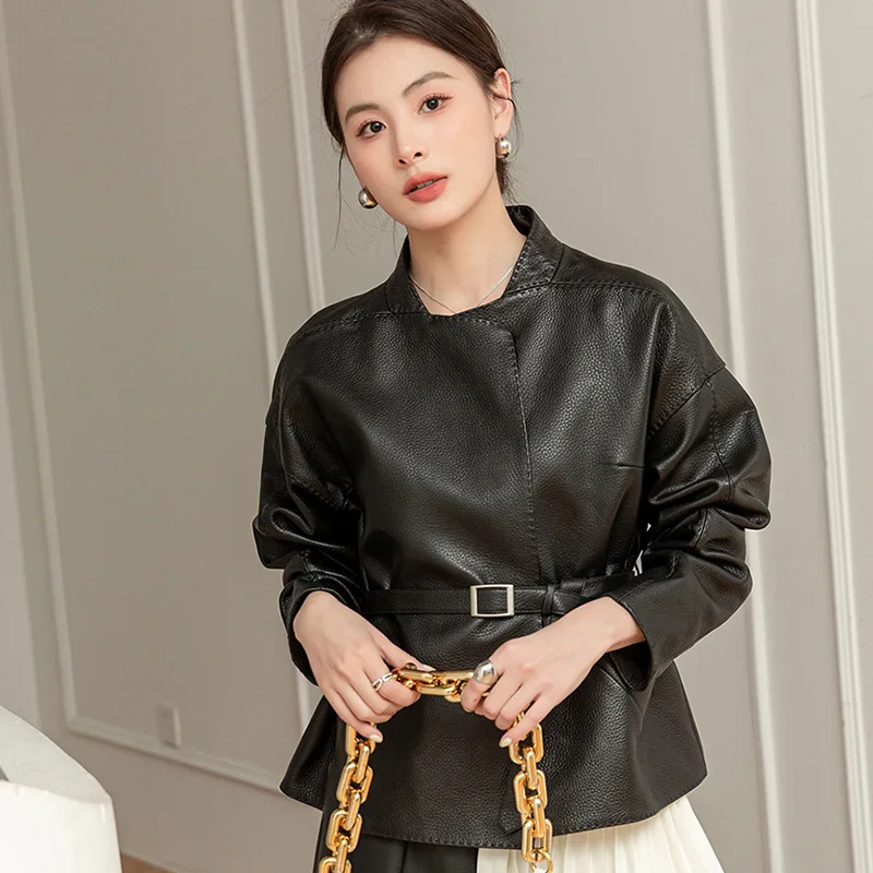 

Soft glutinous fetal cowhide lychee pattern loose lace up genuine leather jacket for women's new high-end calf leather jacket