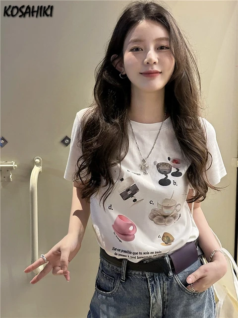 Y2k Aesthetic Fashion Cropped Tops Women Short Sleeve Cartoon Print Kawaii  O Neck T-shirts All Match Casual Harajuku Slim Tees - AliExpress