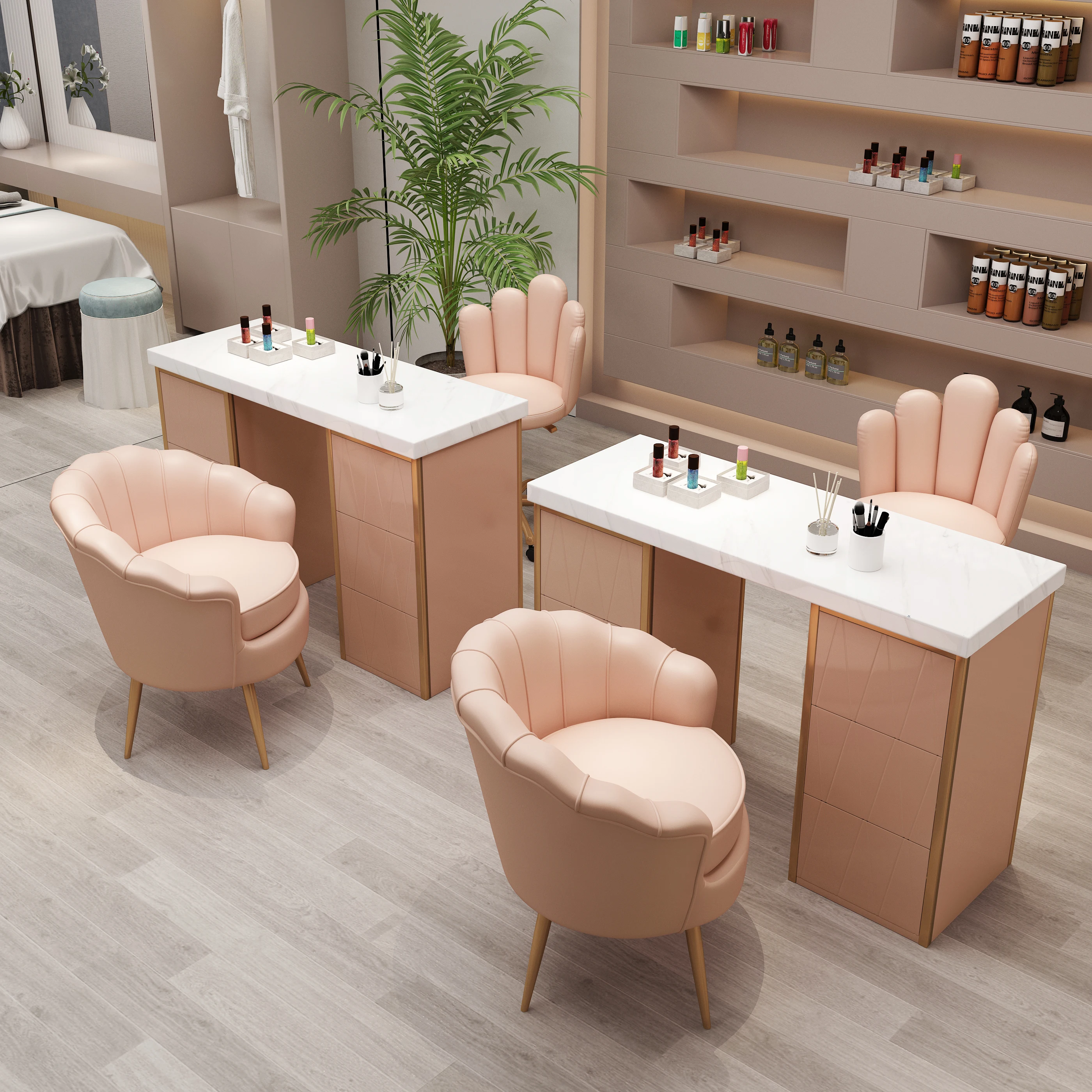 Manicure Table and Chairs Set Salon Nail Desk Light Pink Professional Luxury Metal Beauty Salon Furniture Iron Modern 1pcs комплект из 2 обеденных стульев xiaomi linsy light luxury rockboard two chairs beige