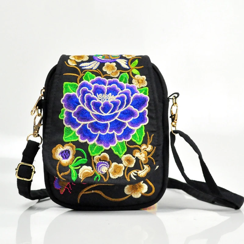 Women Shoulder Bag Vintage Floral Embroidered Crossbody Zip Bag Embroidered Mobile Phone Travel Pouch
