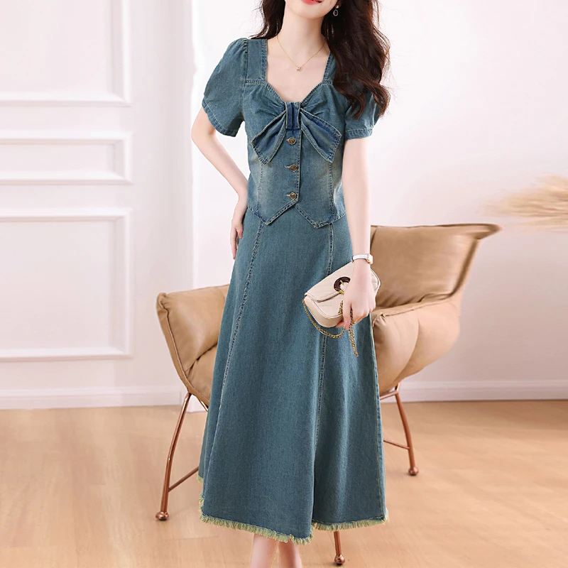 

High Quality Denim Two Piece Set Women Short Sleeve Small Jacket Coat Crop Top+Long Skirt Suits Korean Fashion 2 Piece Suit Sets