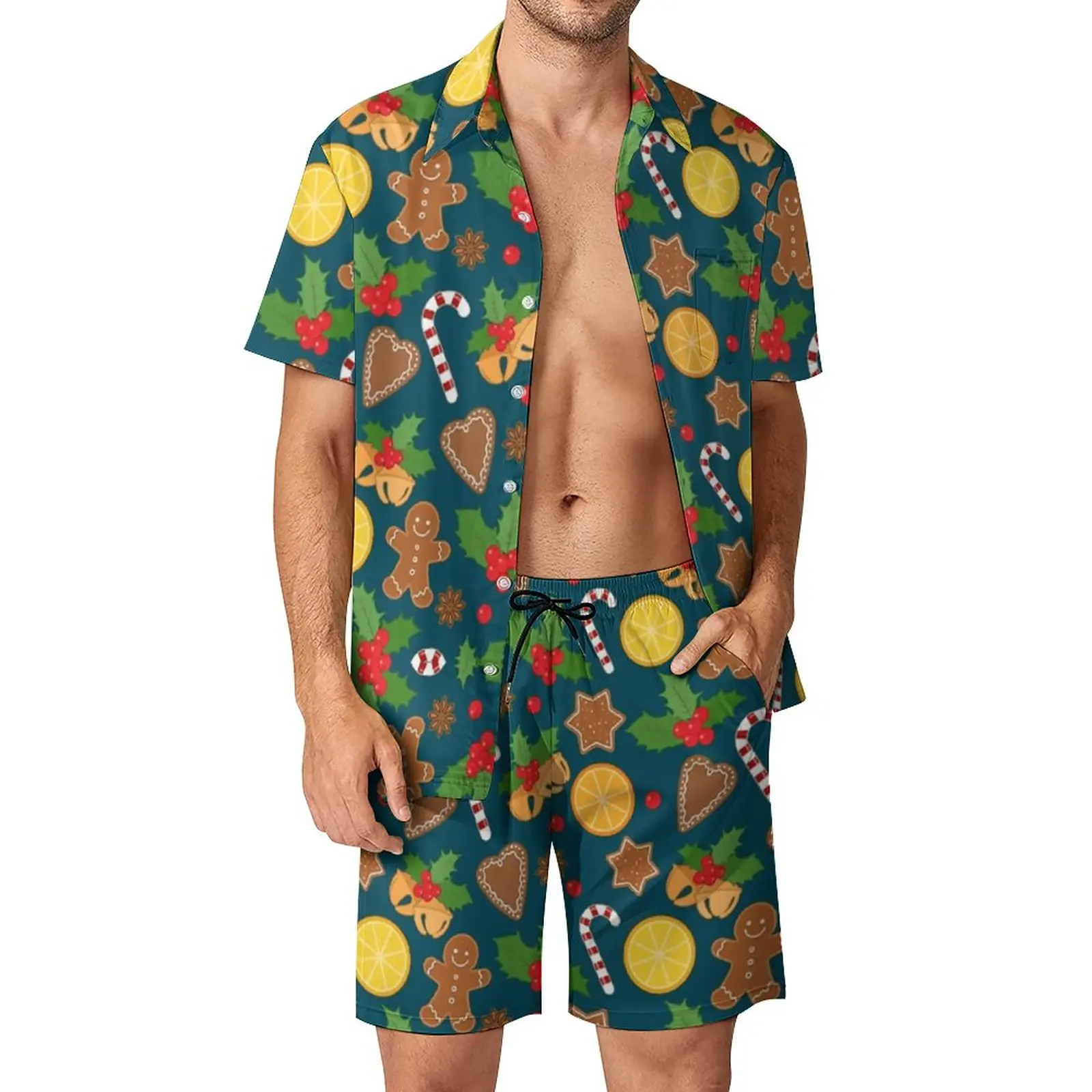 

2 Pieces Coordinates Cute Christmas Gingerbread Man Holiday Pattern High Quality Men's Beach Suit Novelty Leisure Eur Size