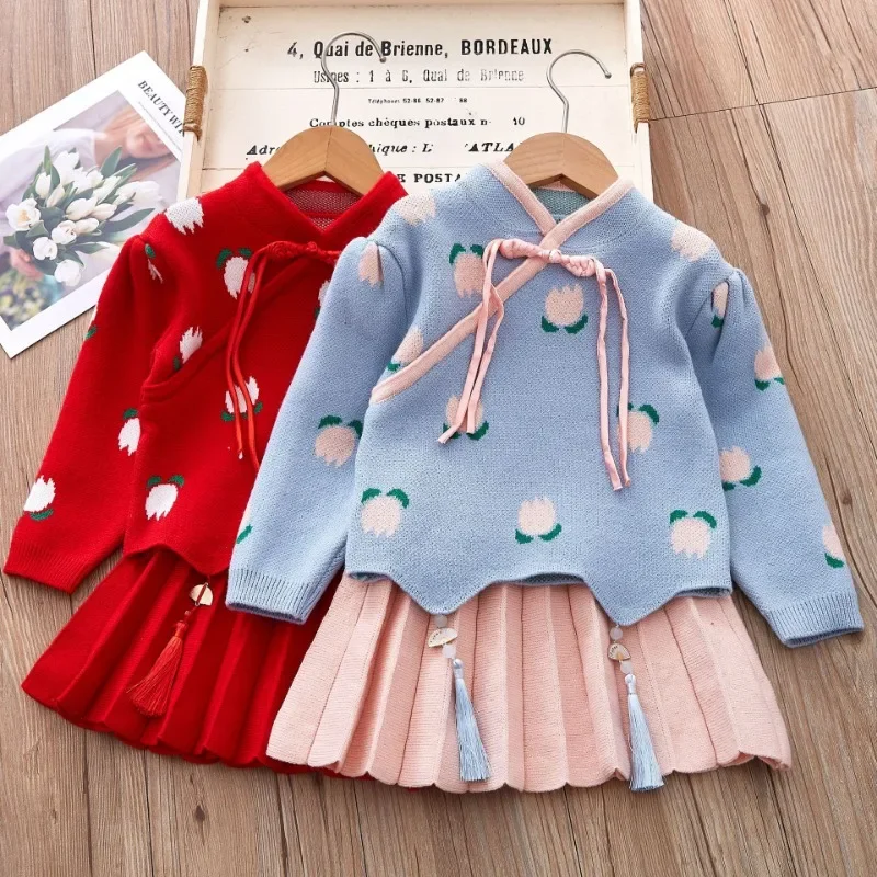 

Girls Sets Children's Clothing Autumn Winter New Chinese HanFu Suits Knitted Sweater Tops+ Short Skirt 2pcs Kids Outfits 2-6Yrs