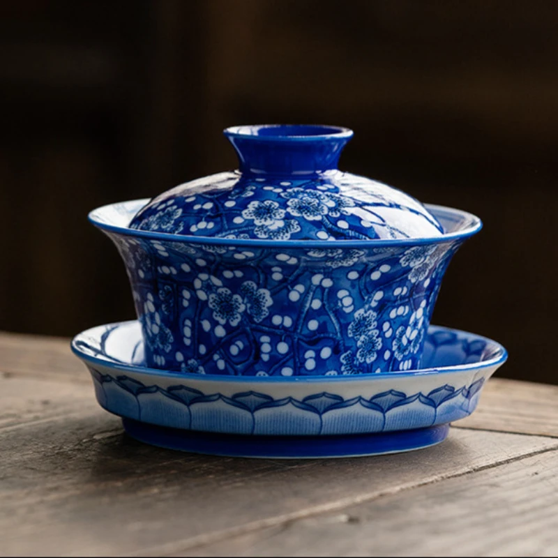 Porcelain Gaiwan Blue and White Plum Tea Tureen Blossom Sancai Chinese Kungfu Teacup Infuser Tea Bowl Household Kitchen Teaware