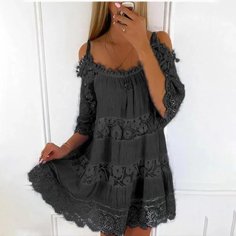 Elegant Women's Lace Dress Crew Neck Short Sleeve Sexy Off-Shoulder Skirt Suspender Fashion 26249