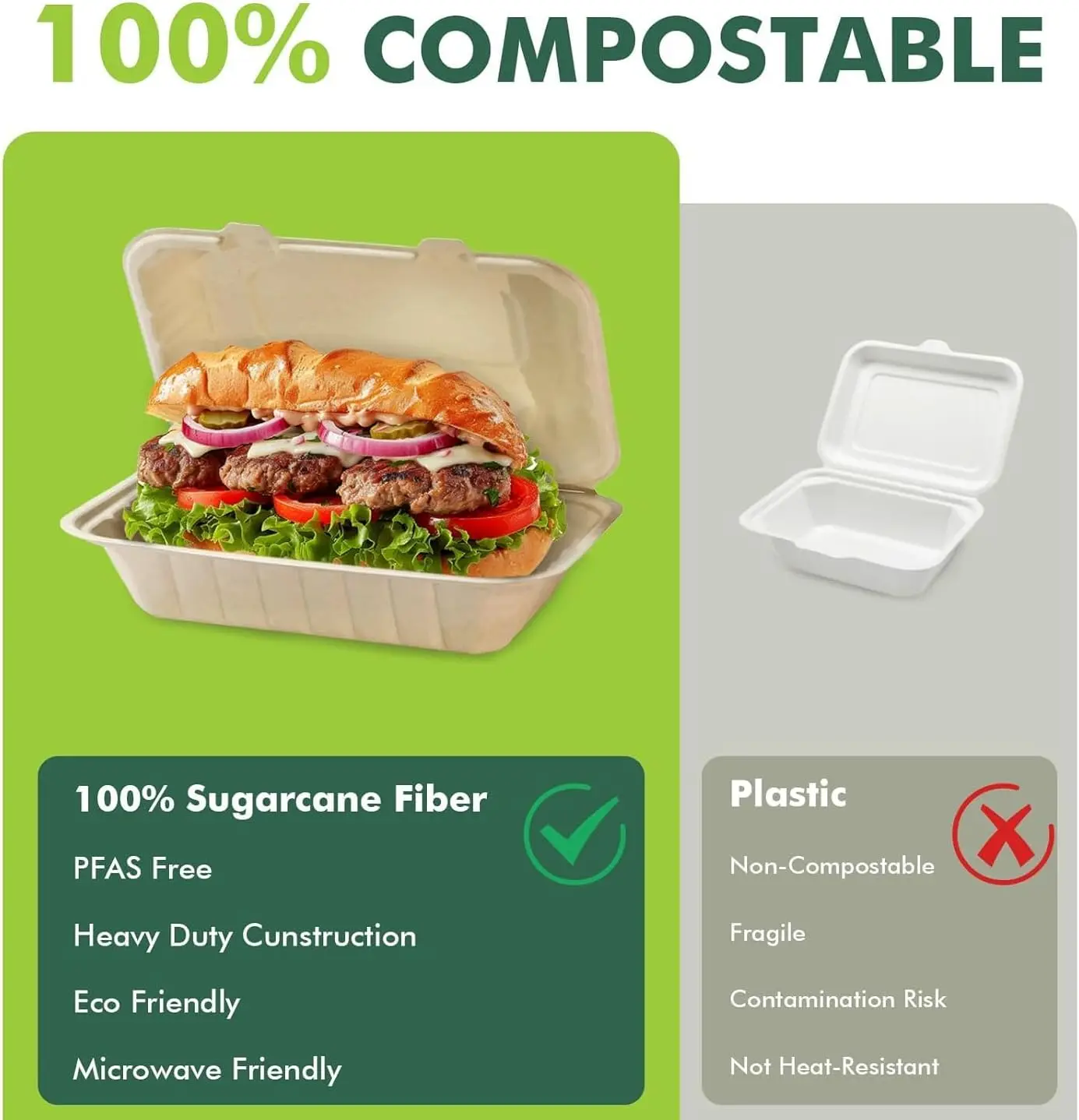 8x8 Compostable Clamshell Food Containers 50 Pack, Bagasse Sugarcane Takeout Boxes, Eco-Friendly Biodegradable