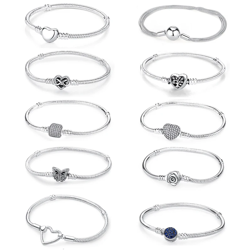 Pulseras de plata de ley 925 originales amor corazón Luna flor mariposa pavé CZ pulseras para mujer DIY joyería regalo de fiesta