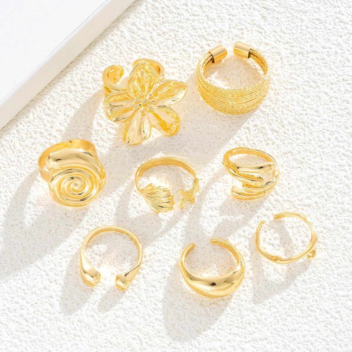 Vintage Smooth Flower Shell Design Ring Set Fashion Elegant Bohemian Starfish Personalized Ring Party Holiday Daily Wear Jewelry