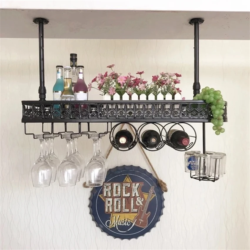 

Vintage Bronzed Black Iron Casting Ceiling Hang Upside Down Wine Goblet Holders Tall Glasses Bottle Storage Bar Pub Rack 60x25cm