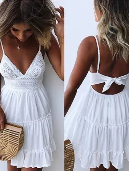 Summer Sexy Spaghetti Strap Women's Dress Fashion White Elegant Casual Mini Beach Party Dresses For Women Robe Femme 1