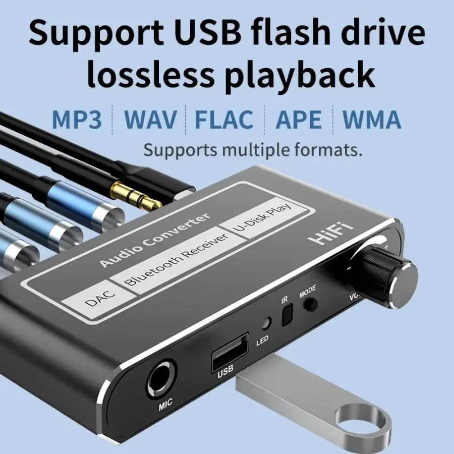 HIFI Bluetooth Audio Receiver DAC Coaxial Digital To Analog Converter 3.5mm AUX RCA Mic U-Disk Jack Stereo Wireless Adapter